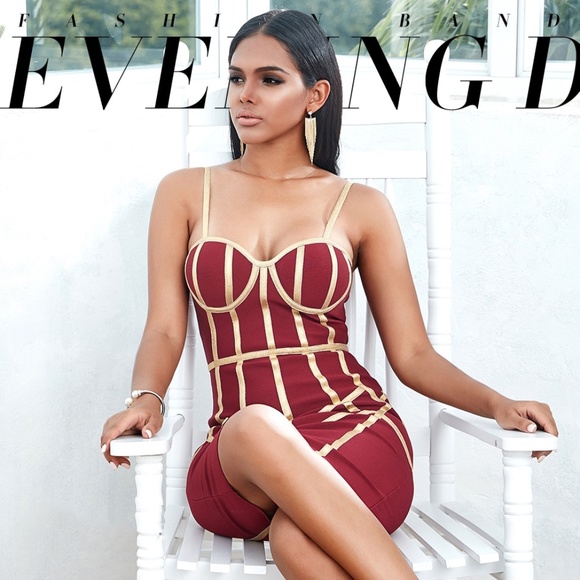 🎥 Bandage Slim Dress with Contrast Trim Burgundy - Picture 4 of 15